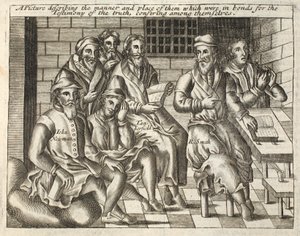 Image décrivant la manière et le lieu de ceux qui étaient enchaînés pour le témoignage de la vérité, se conférant entre eux, illustration des Actes et Monuments de John Foxe, neuvième édition, pub. 1684