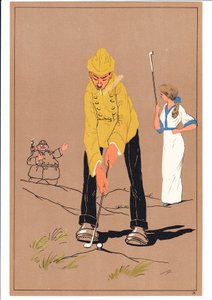 Une impression de deux golfeurs dans des postures comiques et humoristiques, vers 1920
