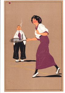 Impression de deux joueurs de tennis dans des postures comiques et humoristiques, vers 1920 - English School