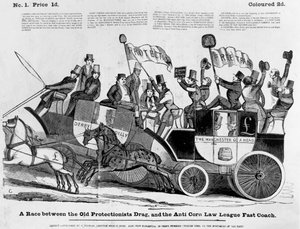 Une course entre le vieux carrosse protectionniste et le carrosse rapide de la Ligue anti-corn laws - English School