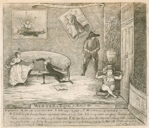 Une scène de la parodie de F. Reynolds Werter, jouée pour la première fois au Théâtre de Covent Garden, Londres, le 14 mars 1786 - English School