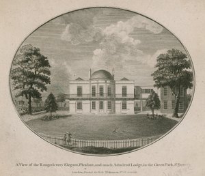 Vue de la très élégante, agréable et très admirée Loge du Ranger dans le Green Park, St James