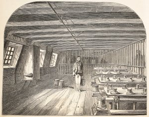 Un quartier à bord du Defence hulk aménagé pour le retour des condamnés au dîner, illustration de The Criminal Prisons of London and Scenes from Prison Life par Henry Mayhew et John Binny, pub. 18 - English School
