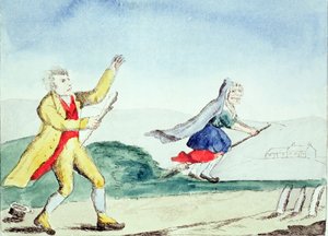 Une sorcière effraie un homme avec un gourdin, c.1790s