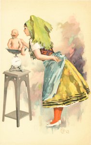Une femme pesant un bébé qui pleure sur une balance - English School