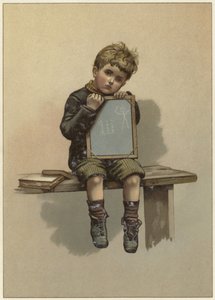 Un jeune garçon pleurant en reposant son menton sur un tableau noir - English School