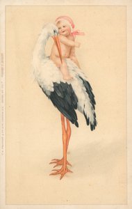 Jeune enfant chevauchant une cigogne