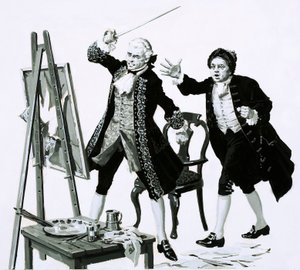 Un jeune homme a lacéré un portrait peu flatteur de son père par Hogarth avec une épée - English School