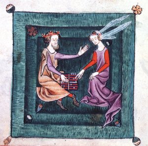 Un roi et une dame assis dans un jardin, jouant à un jeu de société ressemblant au backgammon, du Psautier de Luttrell, commencé avant 1340 pour Sir Geoffrey Luttrell - English School
