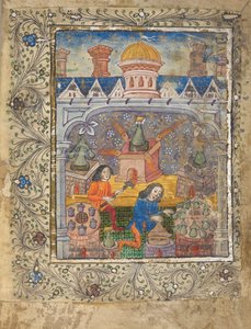 Sept fours avec alambics, entretenus par deux hommes, sous un toit avec une coupole et des cheminées, vers 1477 - English School