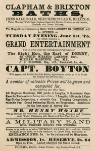 Publicité pour les Bains de Clapham et Brixton, Ferndale Road, Shepherds Lane, Brixton, Londres; avec le Capitaine Boyton - English School
