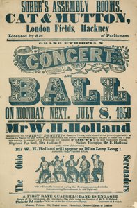 Annonce pour le Grand Concert et Bal Éthiopien, 8 juillet 1850, aux Sobees Assembly Rooms - English School
