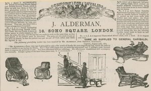 Publicité pour J Alderman, fabricant de voitures pour invalides (gravure)