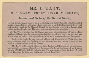 Publicité pour M. I. Tait, inventeur et fabricant des verres musicaux - English School