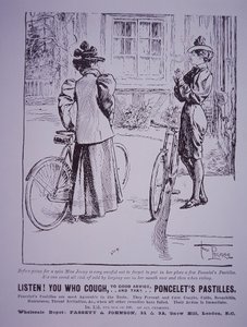 Publicité pour les pastilles de Poncelet montrant des femmes cyclistes, l