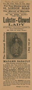 Publicité pour une apparition de Madame Babault, la dame aux griffes de homard - English School