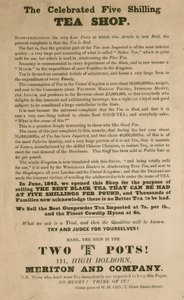 Publicité pour le célèbre magasin de thé à cinq shillings, Meriton et Compagnie - English School