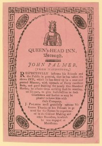 Publicité pour le Queens Head Inn, Borough, Londres - English School