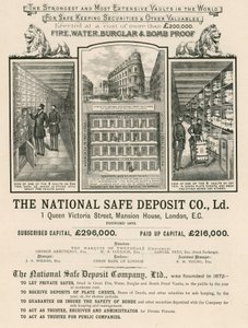Publicité pour la National Safe Deposit Company, 1 Queen Victoria Street, Mansion House, Londres - English School