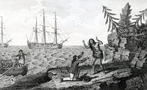Entrevue émouvante de deux hommes Mokito, illustration tirée des Voyages et Voyages de Moore - English School