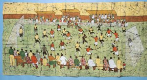 Batik africain illustrant un match de football avec des foules regardant dans les tribunes - English School