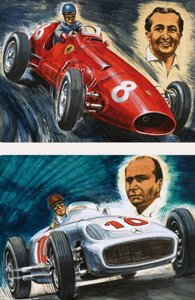 Alberto Ascari conduisant une Maserati (en haut) et Juan Manuel Fangio conduisant une Mercedes-Benz (en bas)