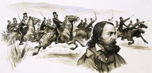 Alfred Tennyson avec la Charge de la Brigade Légère en arrière-plan - English School