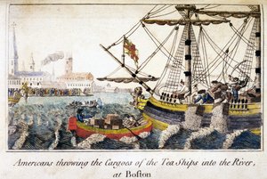 Les Américains jetant les cargaisons des navires de thé dans la rivière, à Boston, de l