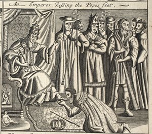 Un empereur baisant les pieds du pape, illustration des Actes et Monuments de John Foxe, neuvième édition, pub. 1684