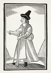Une vieille femme grondant avec un chapeau haut couronné, illustration de Chap-books du XVIIIe siècle par John Ashton, pub. 1882 - English School