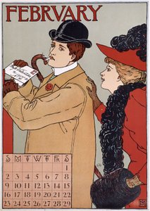 Un couple élégant (un homme poste une lettre), image de calendrier anglais, mois de février, fin du 19e siècle