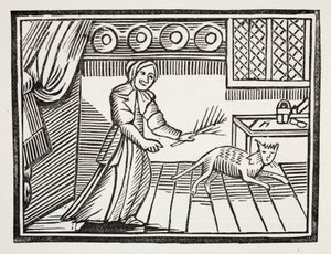 Une vieille femme fouettant son chat pour avoir attrapé des souris un dimanche, illustration de Chap-books du XVIIIe siècle par John Ashton, pub. 1882 - English School