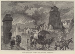 Ancienne tour de guet et borne milliaire dans le Shan-si, nord de la Chine (gravure) - English School