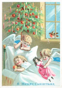 Anges veillant sur un enfant au lit, Carte de Noël - English School