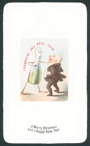Bouteille de champagne en colère frappant un homme, Carte de Noël - English School