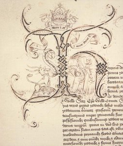 Archive 11980: Initiale décorée H de la charte royale enregistrant la concession par le roi Henri VI au New College Oxford des domaines de Newton Longville