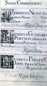 Page listant trois bienfaiteurs du New College, Oxford; Robertus Neale, Henricus Gulislmus Portman et Henricus Pawlet St. John