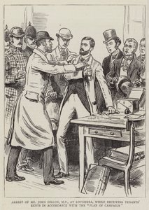 Arrestation de M. John Dillon, MP, à Loughrea, lors de la réception des loyers des locataires conformément au "Plan de campagne" (gravure) - English School
