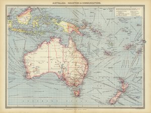 Australasie, industries et communications (lithographie en couleur)