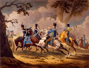 Infanterie autrichienne défendant leur artillerie contre les hussards prussiens, de la série Actions de cavalerie des alliés pendant les campagnes napoléoniennes, publiée 1799-1802