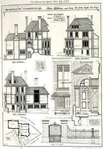 Résidence Bijou Sunnycote, Hampstead, (avec studio) pour John Ingle Lee Esq, de The Building News, 23 février 1877 - English School