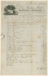 Facture de Thomas Martin, fabricant de cercueils et entrepreneur de pompes funèbres, pour les funérailles de M. William Eubank - English School