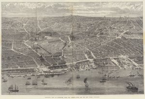 Vue aérienne de Liverpool, depuis la Mersey, avec tous les nouveaux bâtiments publics - English School