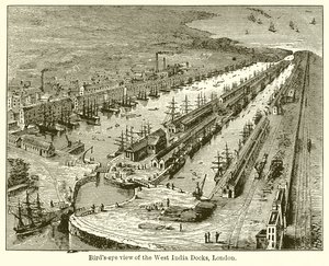 Vue aérienne des docks des Indes occidentales, Londres