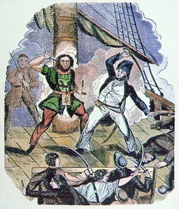 Le dernier combat de Barbe Noire (gravure en couleur)