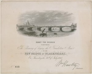 Pont de Blackfriars. Invitation à la cérémonie de pose de la première pierre, 20 juillet 1865 - English School