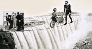 Blondin (François Gravelet) pousse une brouette sur une corde raide au-dessus des chutes du Niagara