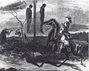 Corps de bandits de grand chemin exécutés pendus dans des gibets au bord de la route comme avertissement pour les autres criminels (lithographie)