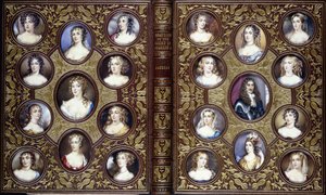 Couverture de livre avec vingt-deux miniatures de portraits de Charles II et des belles femmes de sa cour, 1833