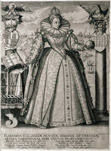 Frontispice de livre célébrant le règne heureux et prospère de la reine Élisabeth I, 1596 - English School